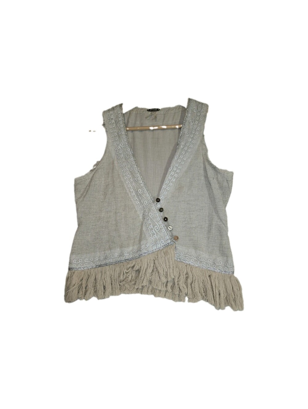 gimmicks by bke Women's Vest Sz S Linen Blend W/ Metalic Lace Trim Fringe...